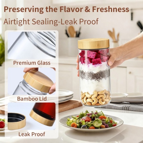 stusgo 6 Pack 24 Oz Glass Overnight Oats Containers with Bamboo Lids, Glass Overnight Oats Jars