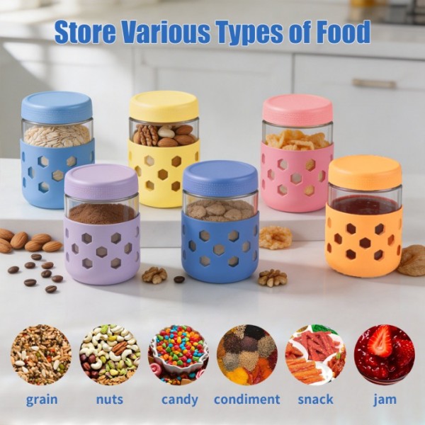 stusgo 6 Pack 16 Oz Glass Overnight Oats Containers with Lids and Silicone Sleeves, Glass Mason Jars