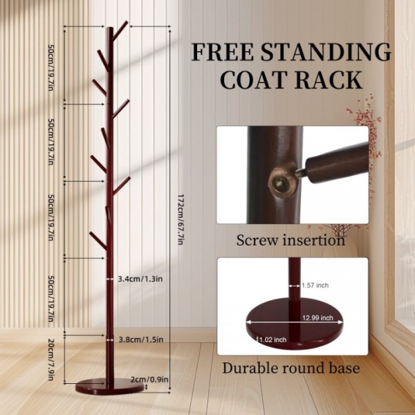 stusgo Coat Rack Freestanding,Wood Coat Tree with 8 Hooks and 3 Adjustable Section Height for Bedroom（Round Base，Dark Walnut）
