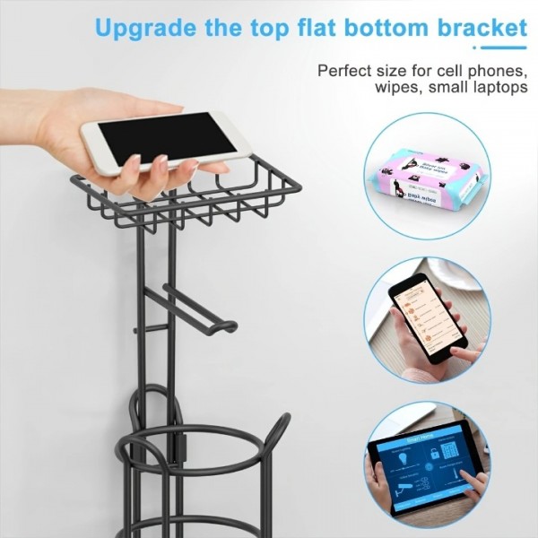 Upgraded Toilet Paper Holder Free Standing, Upgraded Portable Stainless Steel Toilet Paper Roll Storage Rack, Toilet Paper Roll Dispenser with Top Storage Shelf for Bathroom (Black)