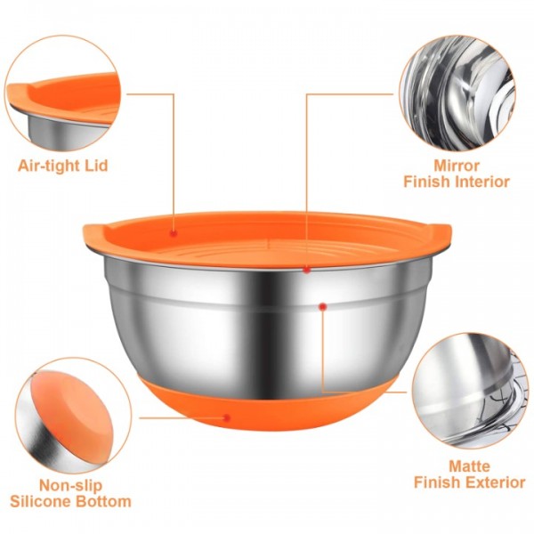 stusgo 6 Pcs Mixing Bowls with Lids,Stainless Steel Mixing Bowls Utensils with 3 Grater Attachments,Non-Slip Bottoms,Mixing Bowl Set for Kitchen Mixing Baking Prepping Cooking Serving,Colorful