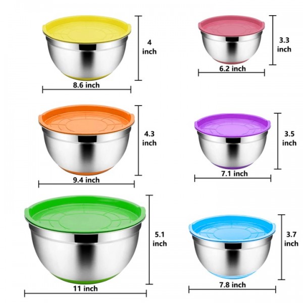 stusgo 6 Pcs Mixing Bowls with Lids,Stainless Steel Mixing Bowls Utensils with 3 Grater Attachments,Non-Slip Bottoms,Mixing Bowl Set for Kitchen Mixing Baking Prepping Cooking Serving,Colorful