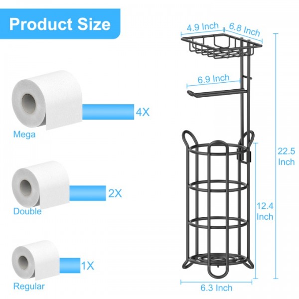 stusgo Inserted Tube Upgraded Toilet Paper Holder Free Standing, Stable Portable Stainless Steel Toilet Paper Roll Storage Rack, Toilet Paper Roll Dispenser with Top Storage Shelf for Bathroom-Black