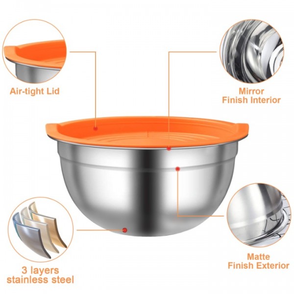 stusgo 6 Pcs Mixing Bowls with Lids,Stainless Steel Mixing Bowls with 3 Grater Attachments,Kitchen Utensils,Mixing Bowl Set for Kitchen Mixing Baking Prepping Cooking Serving,Colorful