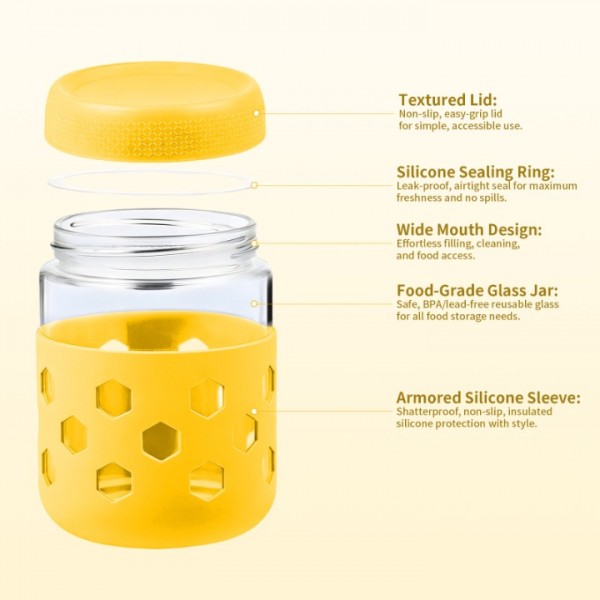 stusgo 6 Pack 16 Oz Glass Overnight Oats Containers with Lids and Silicone Sleeves, Glass Mason Jars