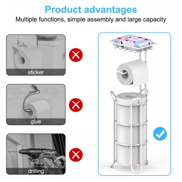 stusgo Inserted Tube Upgraded Toilet Paper Holder Free Standing, Stable Portable Stainless Steel Toilet Paper Roll Storage Rack, Toilet Paper Roll Dispenser with Top Storage Shelf for Bathroom-silver