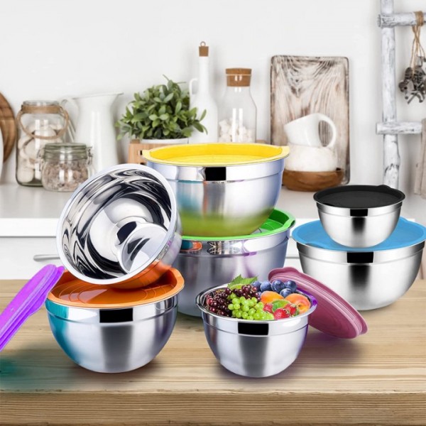 stusgo 7 Pcs Mixing Bowls with Lids （5、4、3、2、1.5、1、0.75Q），21 Pcs Stainless Steel Mixing Bowls Set-Colorful