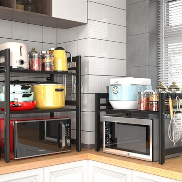 stusgo Extendable Microwave Shelf, Adjustable Toaster Oven Rack Kitchen Counter Top Organizer Stand, 3-Tier with 6 Hooks,110 lbs Weight Capacity, Black