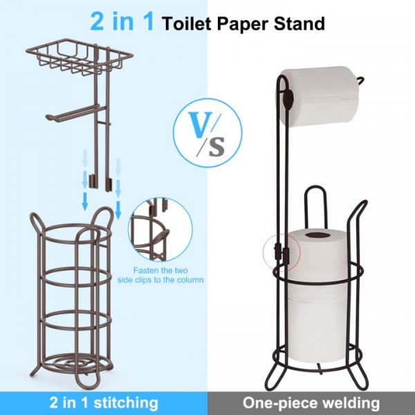 stusgo Toilet Paper Holder Free Standing, Portable Stainless Steel Toilet Paper Roll Storage Rack, Toilet Paper Roll Dispenser with Top Storage Shelf for Bathroom (Bronze)