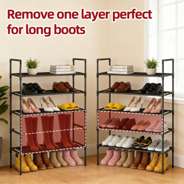 stusgo Shoe Rack for Closet, 5 Tier Shoe Organizer with 2 Hooks, Long Shoe Shelf Storage for Sneaker and Boot Stackable Free Standing Shoe Rack for Entryway, Garage, Small Spaces, Corridor