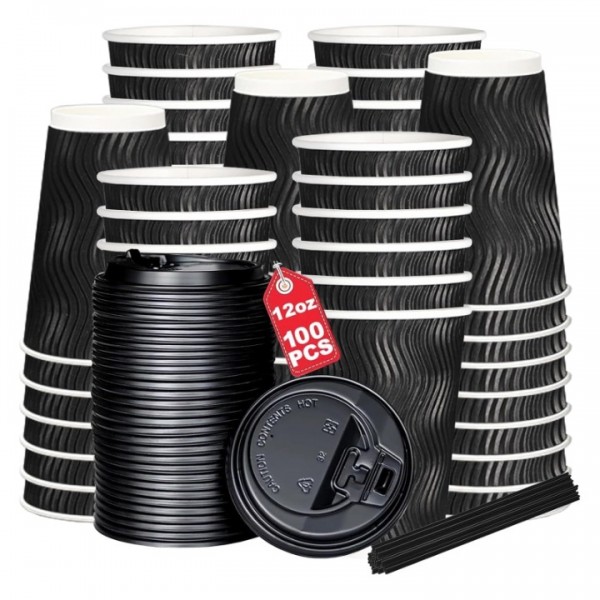 stusgo 12oz Paper Cups,100 Pcs Disposable Paper Coffee Cups with Lids,Hot Drinks, Cold Drinks, Juice Tea，Ideal for Home, Parties, Weddings（12oz，100 Pack，Black）