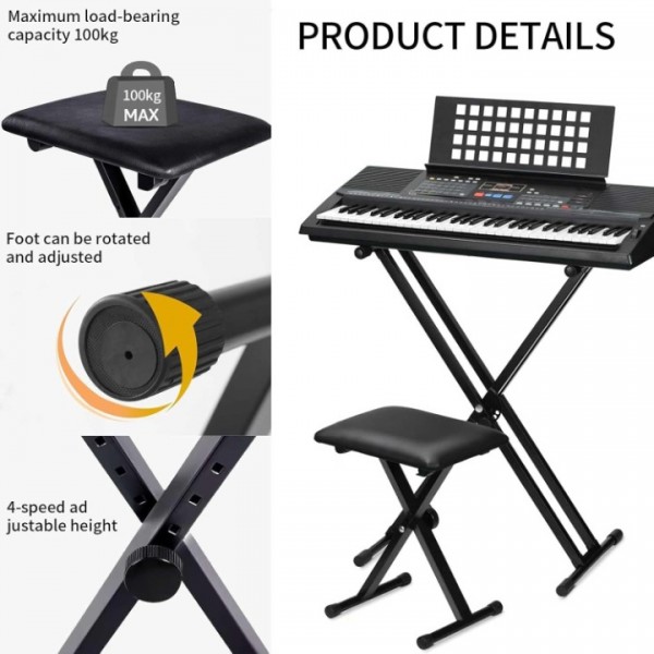 stusgo Keyboard Bench, Adjustable Black Piano Benches, Keyboard Chair, 3-Level Lifting Piano Stool