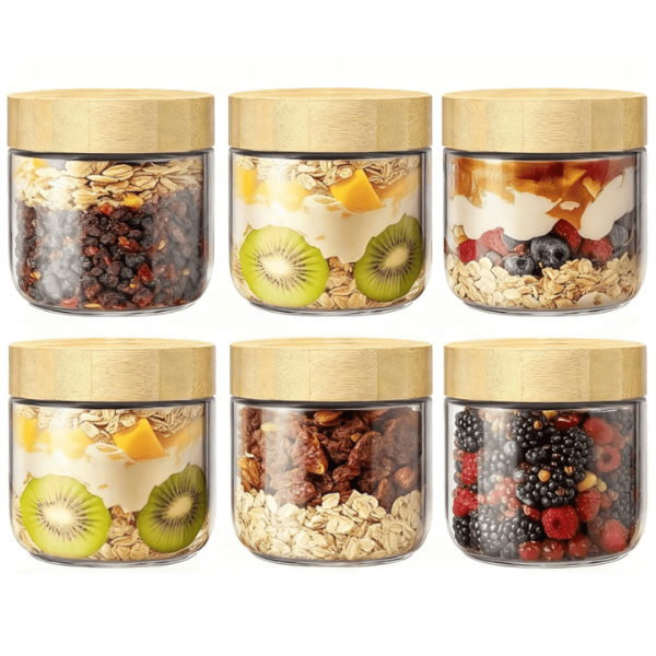 stusgo 4 Pack 10 Oz Glass Overnight Oats Containers with Bamboo Lids, Glass Overnight Oats Jars