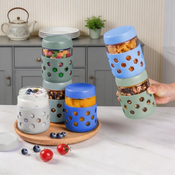 stusgo 6 Pack 16 Oz Glass Overnight Oats Containers with Lids and Silicone Sleeves, Glass Mason Jars