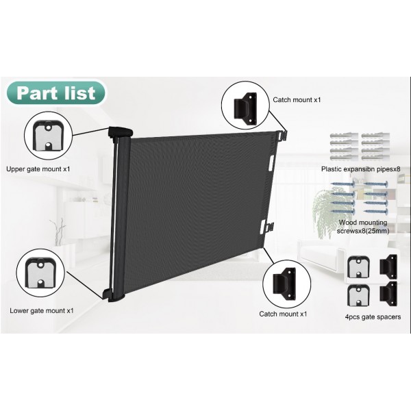 stusgo Retractable Baby Gate 33"x71"- Safety Mesh Baby Gate/Dog Gate, 33inch Tall and Extends up to 71inch Wide for Stairs, Doorways, Hallways, Banisters Indoor and Outdoor (Black)