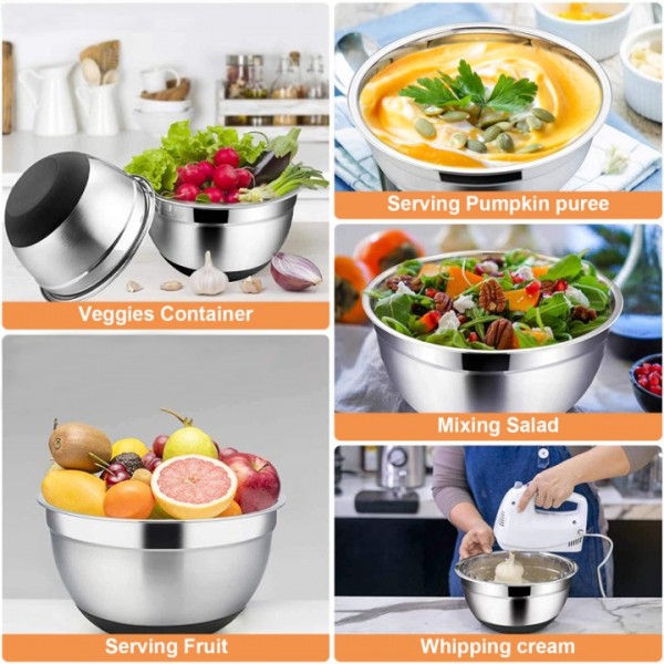 stusgo 6 Pcs Mixing Bowls with Lids,Stainless Steel Mixing Bowls,Black Non-Slip Bottoms,Including Kitchen Utensils,Mixing Bowl Set for Kitchen Mixing Baking Prepping Cooking Serving