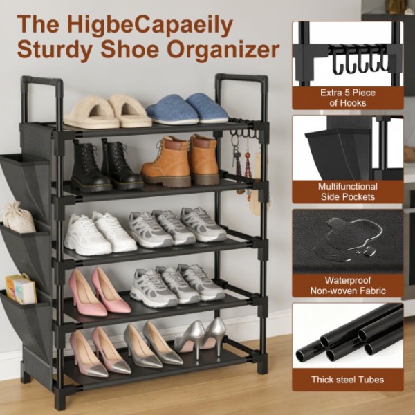 stusgo Shoe Rack 5 Tier Shoe Organizer Shoe Shelf Storage for Closet Entryway Garage, Free Standing Stackable Shoe Rack with Side Bag & Hooks, Sturdy Shoe Shelf for 20-25 Pairs Space Saving Bedroom