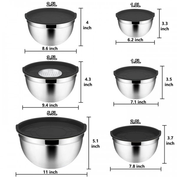 stusgo 6 Pcs Mixing Bowls with Lids,Stainless Steel Mixing Bowls with 3 Grater Attachments,Kitchen Utensils,Mixing Bowl Set for Kitchen Mixing Baking Prepping Cooking Serving,Black
