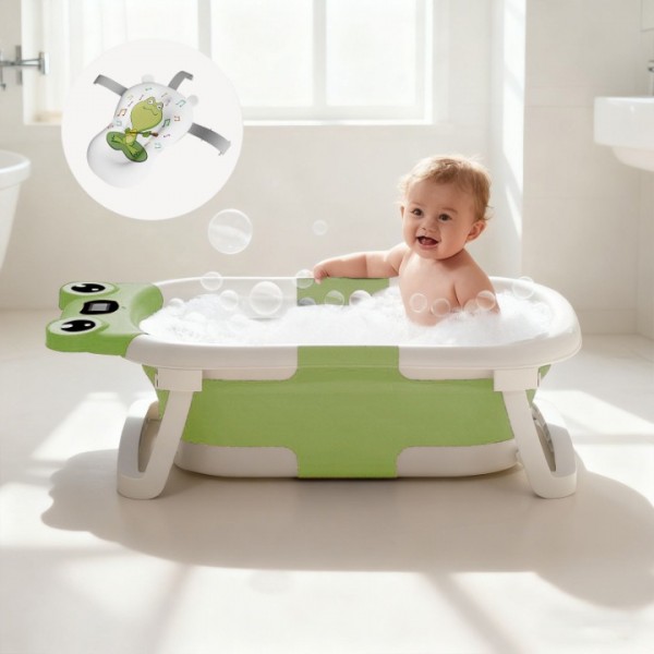stusgo Collapsible Baby Bathtub, Plastic Frog Baby Bath Tub with Soft Cushion & Thermometer（Green）