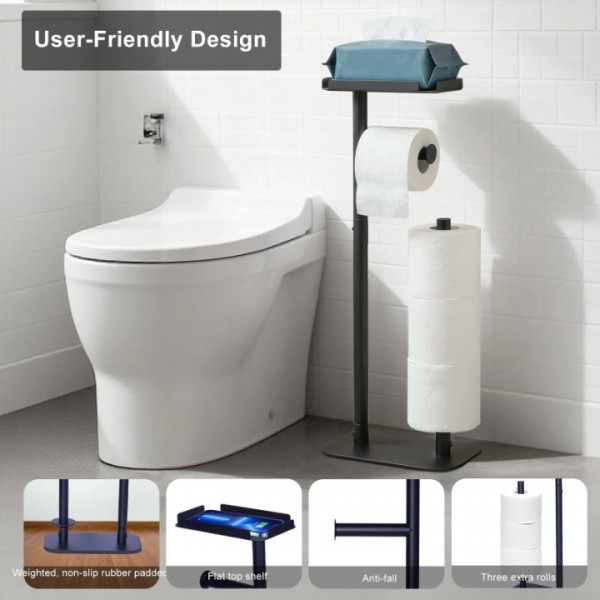 stusgo Black Toilet Paper Holder Free Standing with Shelf, Freestanding Toilet Paper Holders with Storage & Phone Shelf, Modern Standing Toilet Paper Holder for Bathroom, Tissue Holder Stand