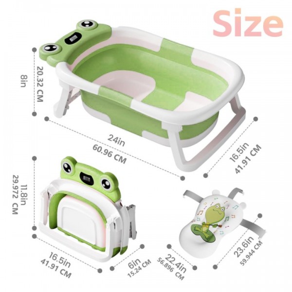 stusgo Collapsible Baby Bathtub, Plastic Frog Baby Bath Tub with Soft Cushion & Thermometer（Green）