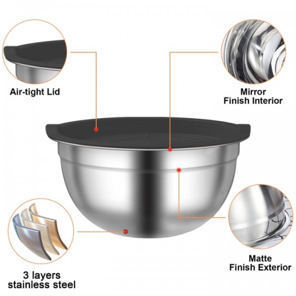 stusgo 7 Pcs Mixing Bowls with Lids （5、4、3、2、1.5、1、0.75Q），21 Pcs Stainless Steel Mixing Bowls Set-Black