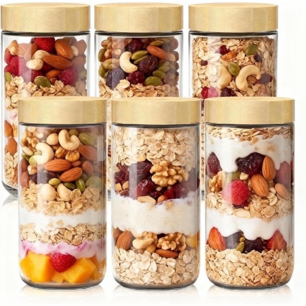 stusgo 6 Pack 24 Oz Glass Overnight Oats Containers with Bamboo Lids, Glass Overnight Oats Jars