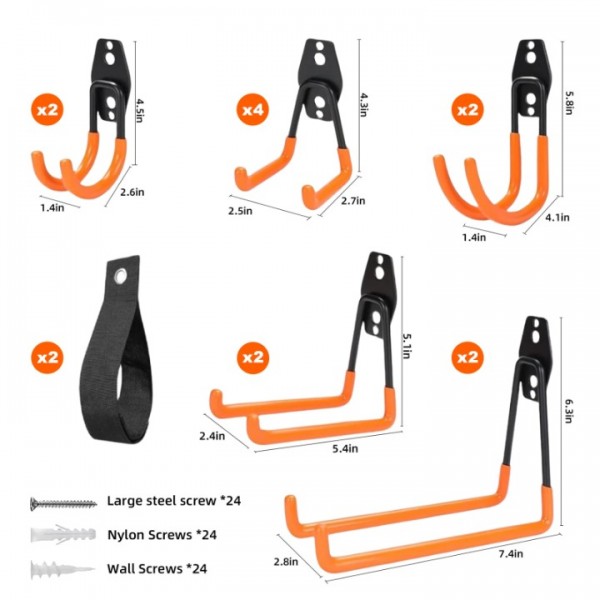 stusgo 12 Pack Garage Hooks Heavy Duty, Utility Steel Garage Storage Hooks, Wall Mount Tool Organizer for Hanging Garden Tools, Ladders and Bulky Items (Orange)