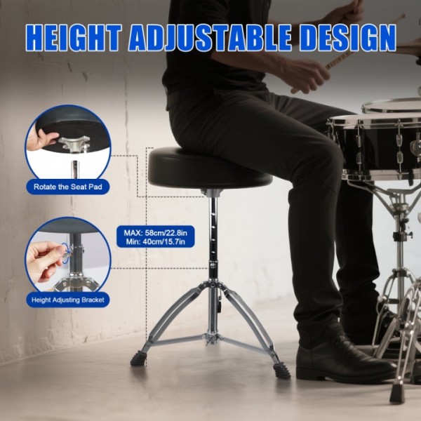 stusgo Drum Throne Heavy Duty - 40-58cm Height Adjustable, Padded Seat Drummer Stool