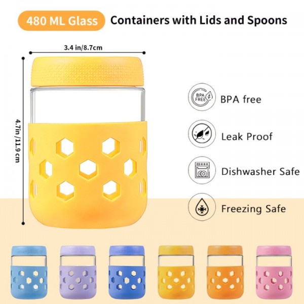 stusgo 6 Pack 16 Oz Glass Overnight Oats Containers with Lids and Silicone Sleeves, Glass Mason Jars