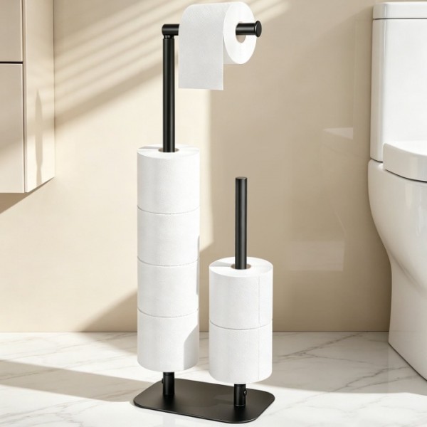 stusgo 2-in-1 Freestanding Toilet Paper Holders, Black Stainless Steel Toilet Tissue Roll Storage Stand with Reserve for Bathroom, Fits Standard & Mega Rolls（Black）