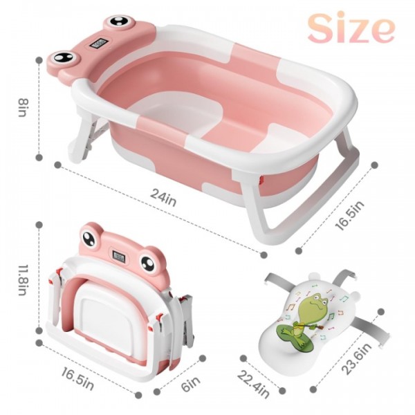 stusgo Collapsible Baby Bathtub, Plastic Frog Baby Bath Tub with Soft Cushion & Thermometer（Pink）