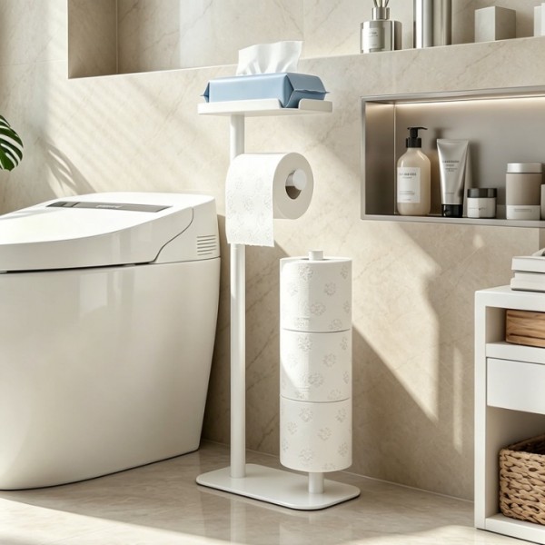 stusgo White Toilet Paper Holder Free Standing with Shelf, Freestanding Toilet Paper Holders with Storage & Phone Shelf, Modern Standing Toilet Paper Holder for Bathroom, Tissue Holder Stand