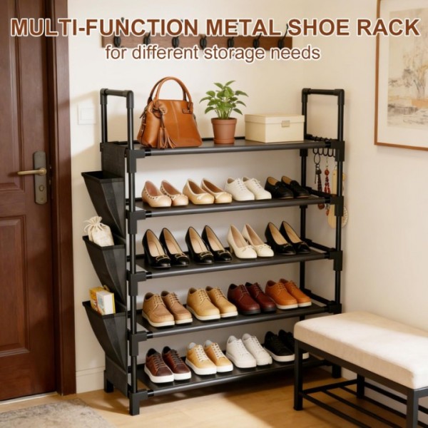 stusgo Shoe Rack 5 Tier Shoe Organizer Shoe Shelf Storage for Closet Entryway Garage, Free Standing Stackable Shoe Rack with Side Bag & Hooks, Sturdy Shoe Shelf for 20-25 Pairs Space Saving Bedroom
