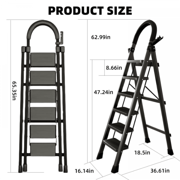 stusgo 6 Step Steel Ladder Folding Step Stool with Tool Holder for Easy Use-Black
