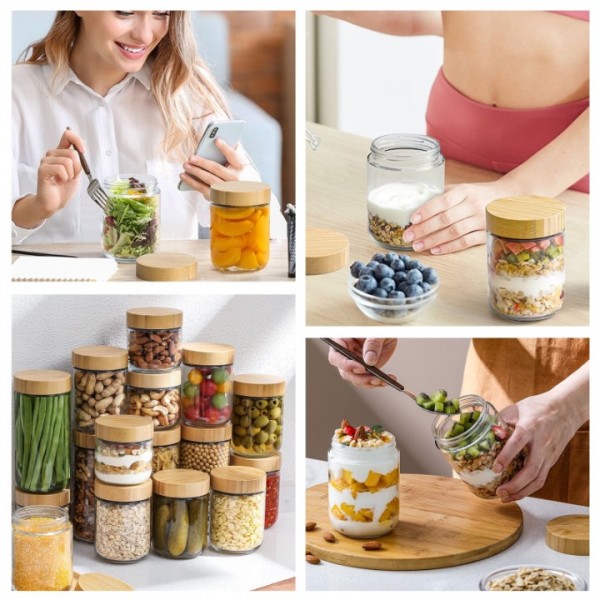 stusgo 4 Pack 10 Oz Glass Overnight Oats Containers with Bamboo Lids, Glass Overnight Oats Jars