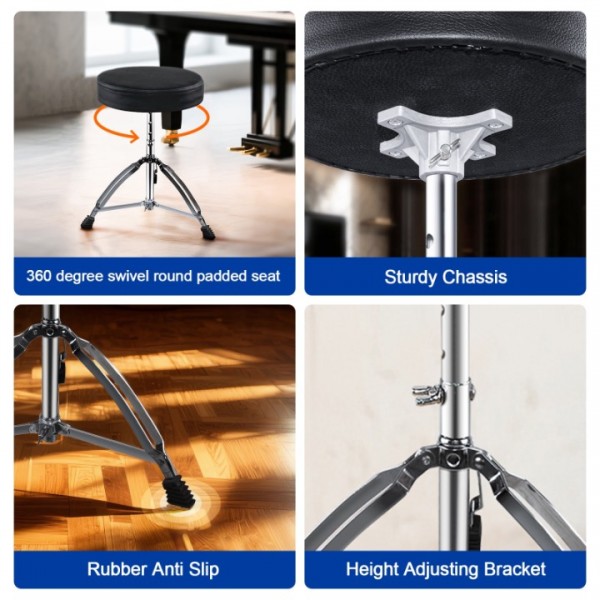stusgo Drum Throne Heavy Duty - 40-58cm Height Adjustable, Padded Seat Drummer Stool