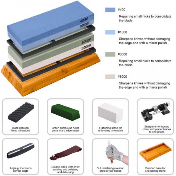 stusgo Black grooved oilstone whetstone set,4 Side Grit 400/1000 3000/8000 Grit Kitchen Knife Sharpener Stone Kit