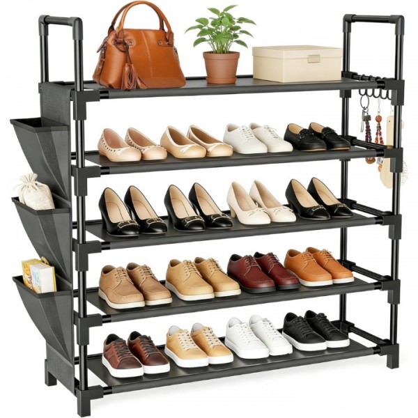 stusgo Shoe Rack 5 Tier Shoe Organizer Shoe Shelf Storage for Closet Entryway Garage, Free Standing Stackable Shoe Rack with Side Bag & Hooks, Sturdy Shoe Shelf for 20-25 Pairs Space Saving Bedroom