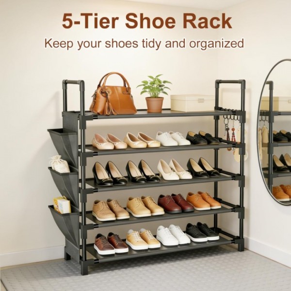 stusgo Shoe Rack 5 Tier Shoe Organizer Shoe Shelf Storage for Closet Entryway Garage, Free Standing Stackable Shoe Rack with Side Bag & Hooks, Sturdy Shoe Shelf for 20-25 Pairs Space Saving Bedroom