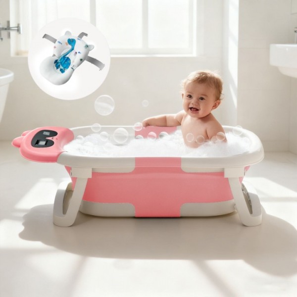 stusgo Collapsible Baby Bathtub, Plastic Dinosaur Baby Bath Tub with Soft Cushion & Thermometer（Pink）
