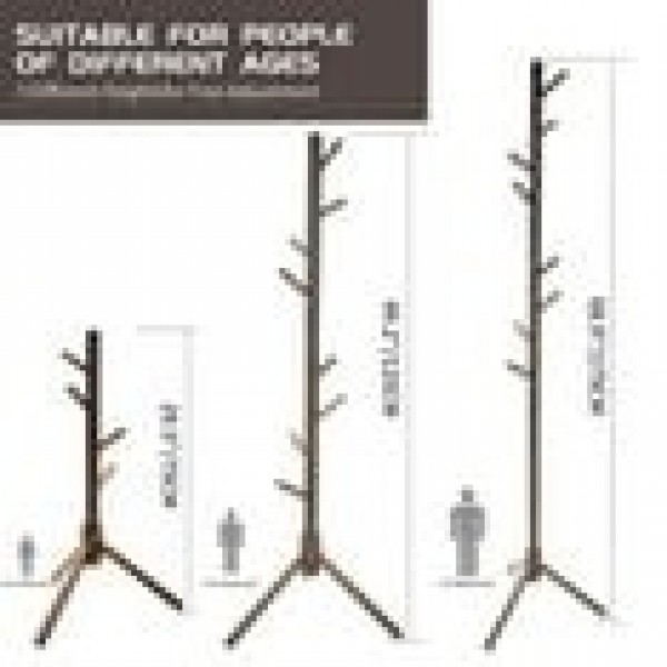 stusgo Coat Rack Freestanding,Wooden Coat Tree with 8 Hooks and 3 Adjustable Section Height for Bedroom, Hallway, Entrance,Office,Coat Hanger Percheros for Jackets Sweater Hat Bag Wigs,Dark Walnut