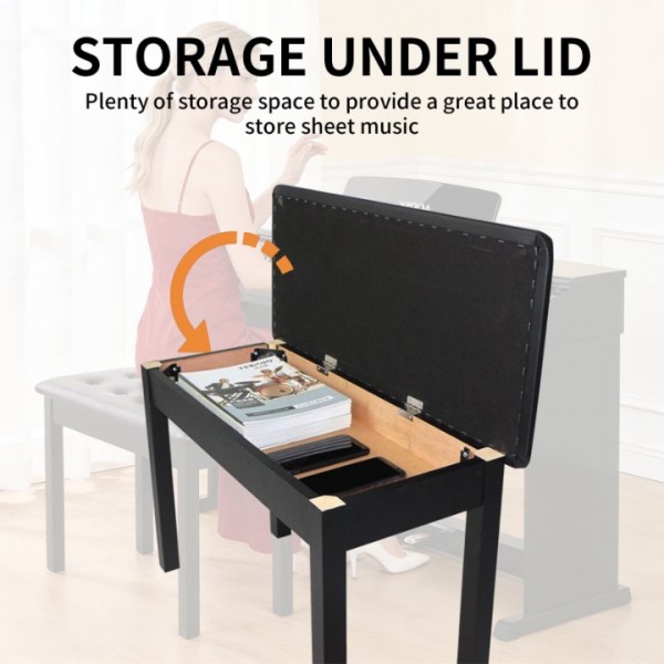 stusgo Piano Bench with Storage, Solid Wood Keyboard Bench Piano Bookcase Stool Chair Seat, Black