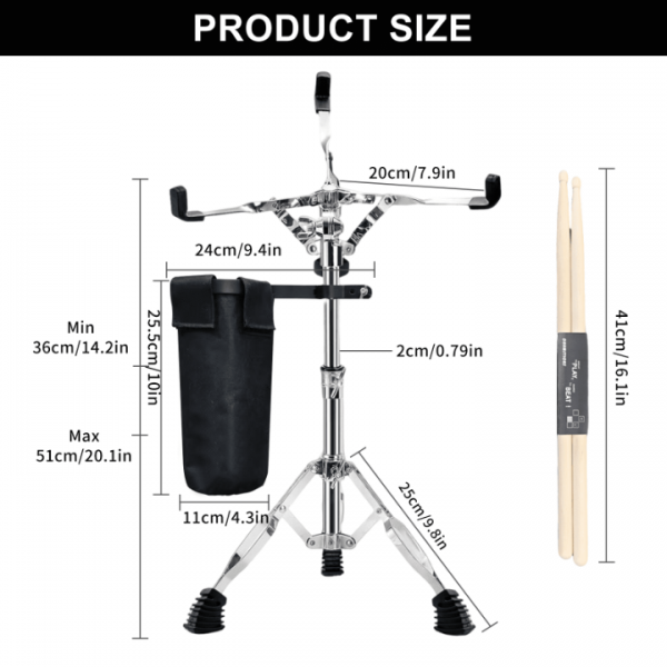 stusgo Foldable Snare Drum Stand with Drum Stick Holder and 1 Pair of 5A Drum Sticks