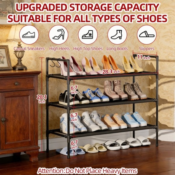 stusgo Shoe Rack for Closet, 3 Tier Shoe Organizer with 2 Hooks, Long Shoe Shelf Storage for Sneaker and Boot Stackable Free Standing Shoe Rack for Entryway, Garage, Small Spaces, Corridor