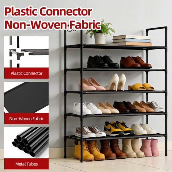 stusgo Shoe Rack for Closet, 5 Tier Shoe Organizer with 2 Hooks, Long Shoe Shelf Storage for Sneaker and Boot Stackable Free Standing Shoe Rack for Entryway, Garage, Small Spaces, Corridor