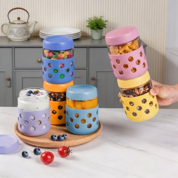 stusgo 6 Pack 16 Oz Glass Overnight Oats Containers with Lids and Silicone Sleeves, Glass Mason Jars