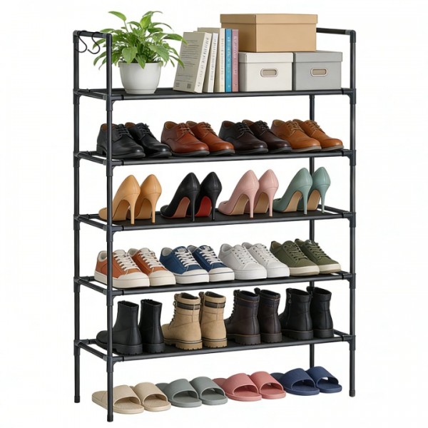 stusgo Shoe Rack for Closet, 5 Tier Shoe Organizer with 2 Hooks, Long Shoe Shelf Storage for Sneaker and Boot Stackable Free Standing Shoe Rack for Entryway, Garage, Small Spaces, Corridor