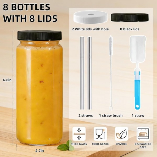 stusgo 16Oz Glass Bottles with Lids,BPA Free,Clear Glass Water Bottles with Stainless Steel Leak Proof Lids for Home, Office,Gym & Outdoors.Includes 2* straw and 1*cleaning brush.