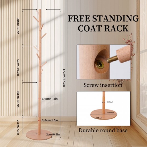 stusgo Coat Rack Freestanding,Wooden Coat Tree with 8 Hooks and 3 Adjustable Section Height （Round Base，Log）